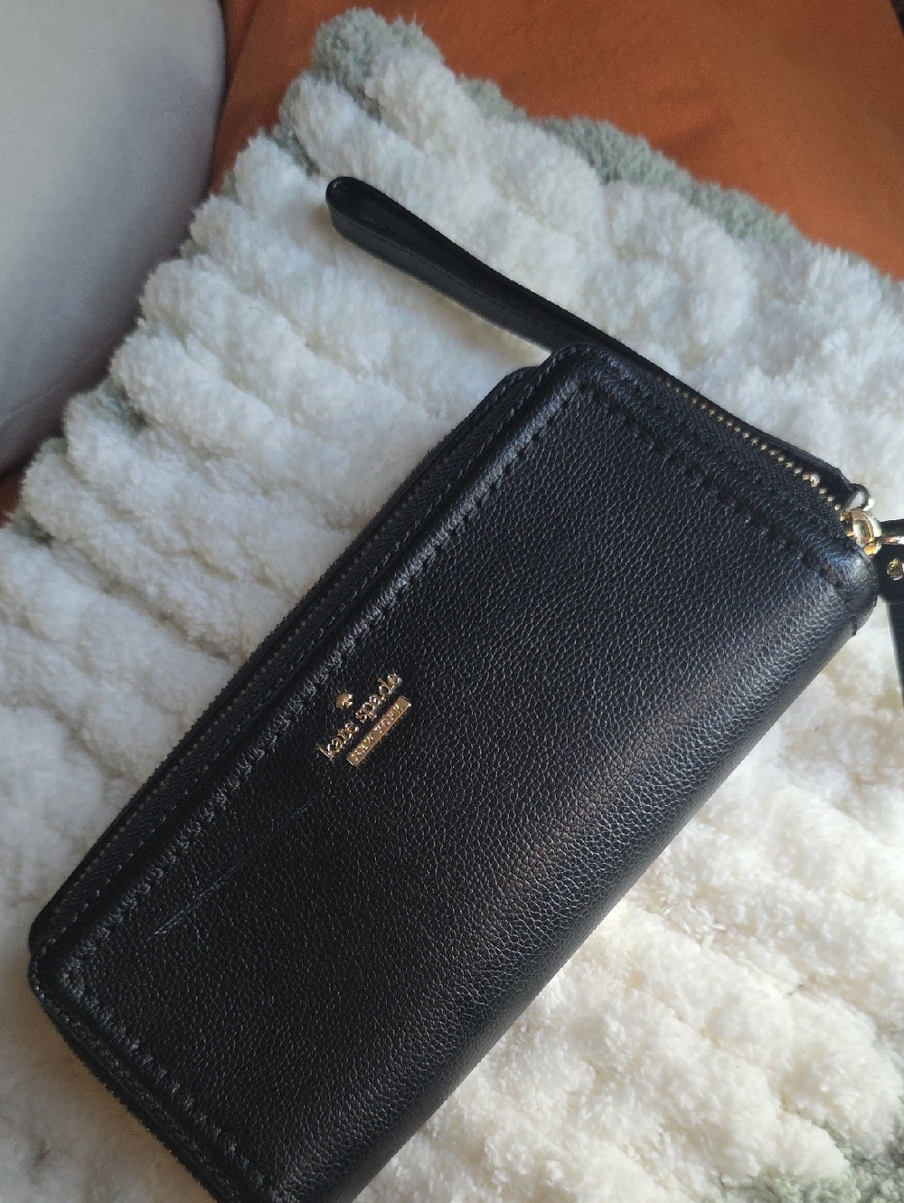 kate spade Black Leather Zip-Around Wristlet with Gold Logo